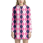 Pink White And Blue Argyle Pattern Print Hoodie Dress