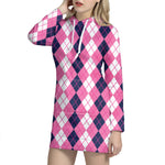 Pink White And Blue Argyle Pattern Print Hoodie Dress