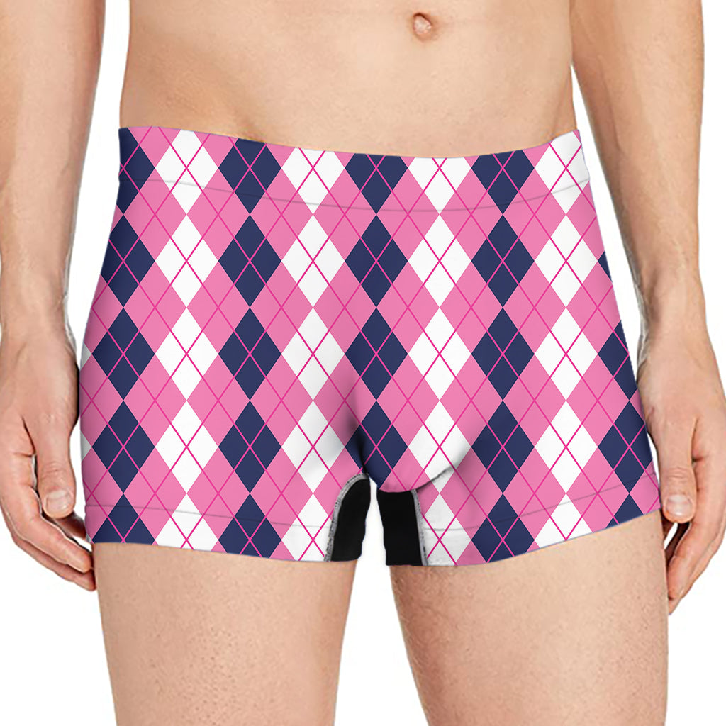 Pink White And Blue Argyle Pattern Print Men's Boxer Briefs