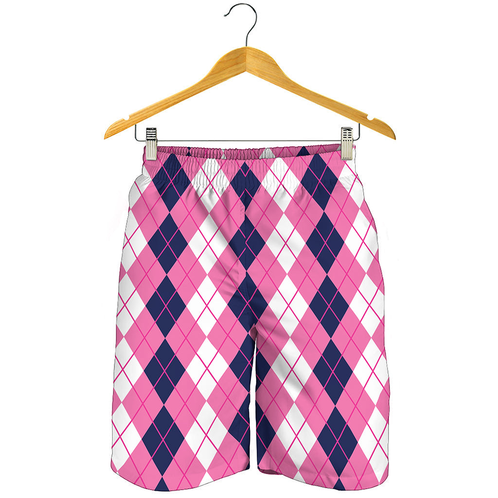 Pink White And Blue Argyle Pattern Print Men's Shorts
