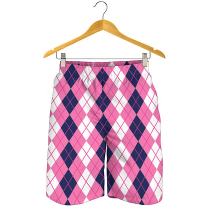 Pink White And Blue Argyle Pattern Print Men's Shorts
