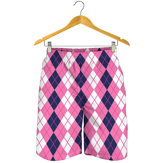 Pink White And Blue Argyle Pattern Print Men's Shorts