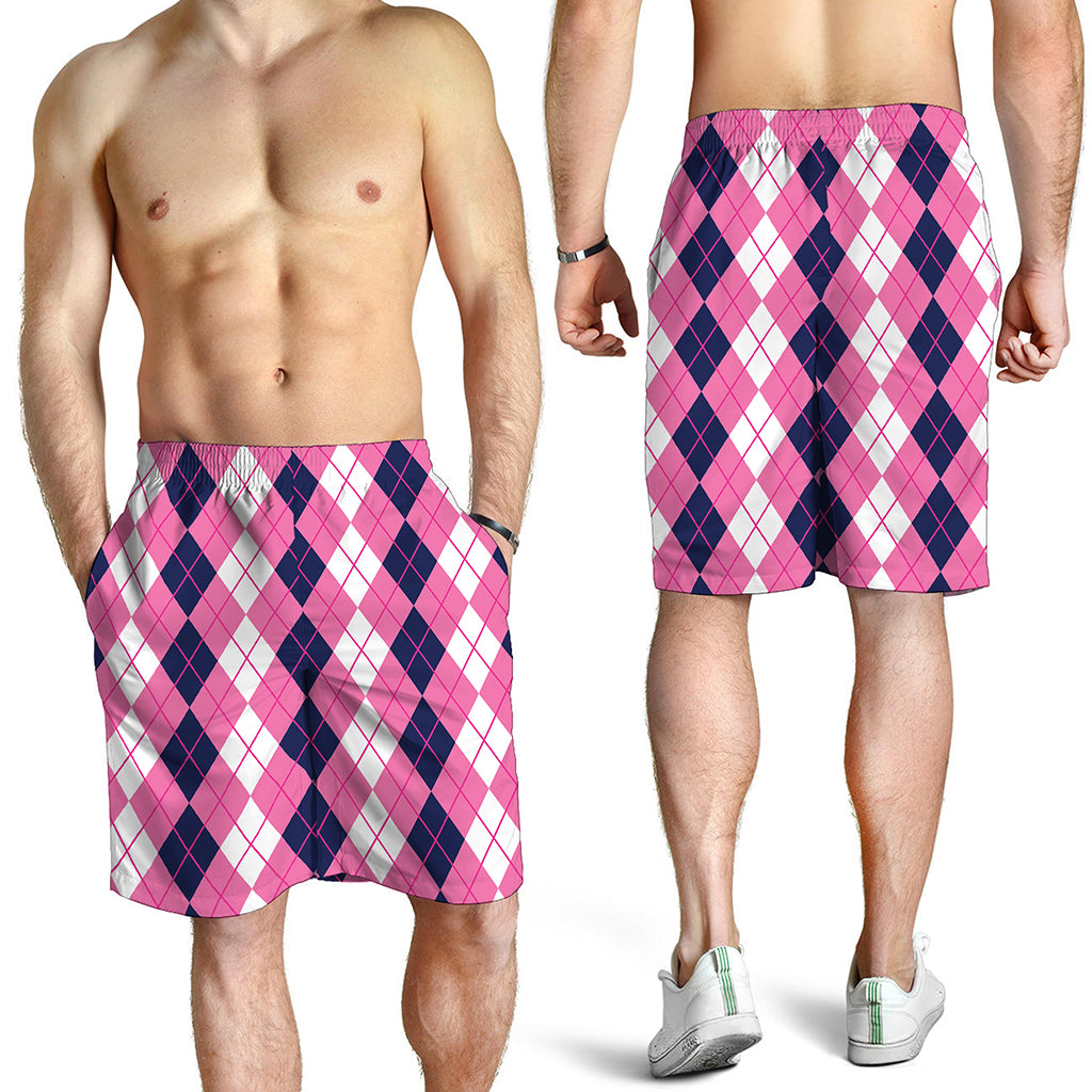 Pink White And Blue Argyle Pattern Print Men's Shorts