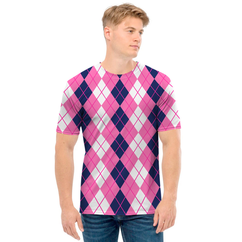 Pink White And Blue Argyle Pattern Print Men's T-Shirt