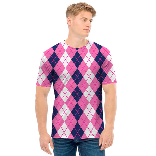 Pink White And Blue Argyle Pattern Print Men's T-Shirt