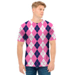 Pink White And Blue Argyle Pattern Print Men's T-Shirt