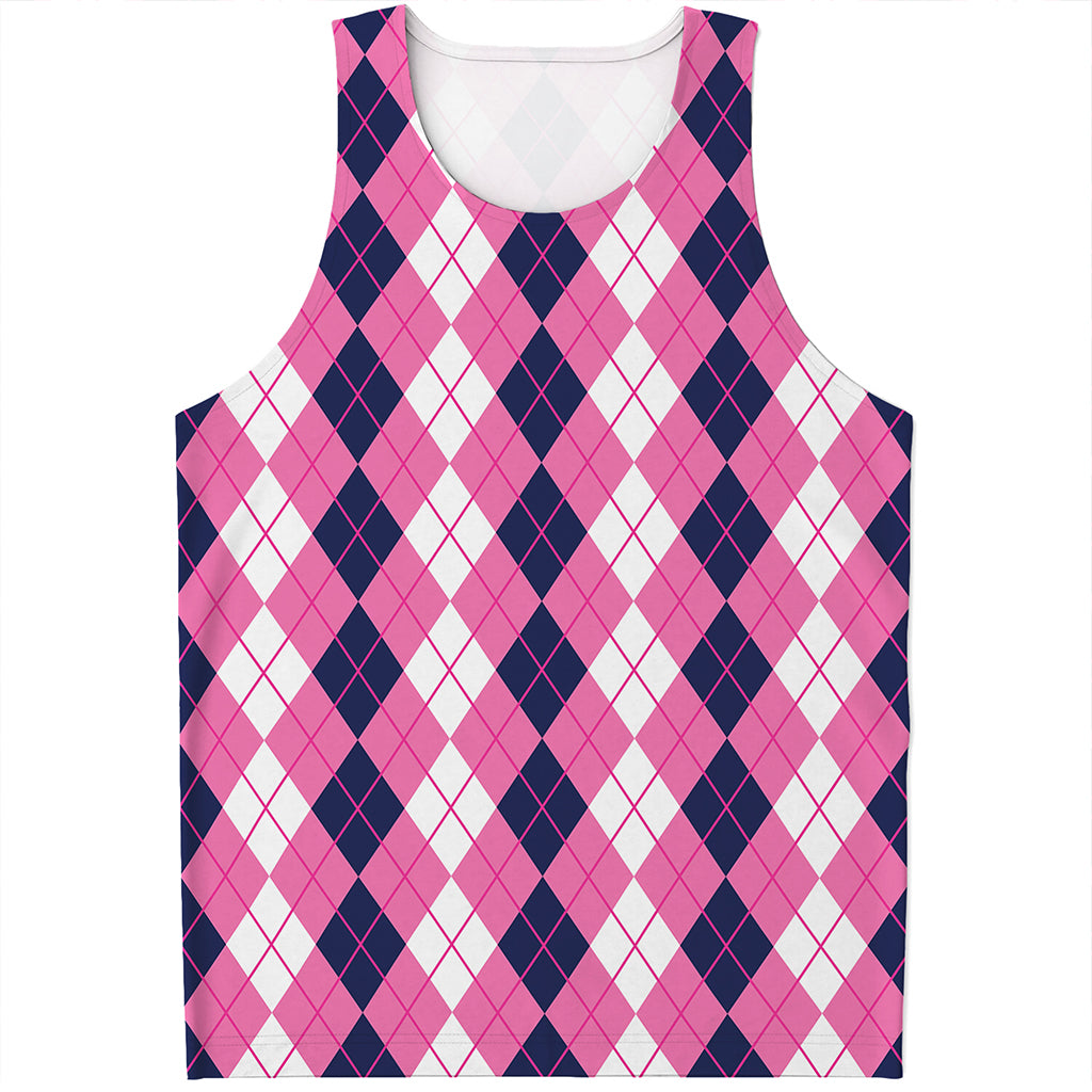 Pink White And Blue Argyle Pattern Print Men's Tank Top