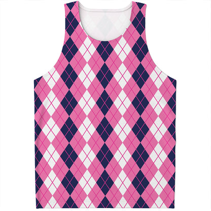 Pink White And Blue Argyle Pattern Print Men's Tank Top