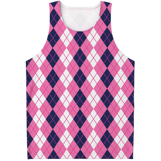 Pink White And Blue Argyle Pattern Print Men's Tank Top