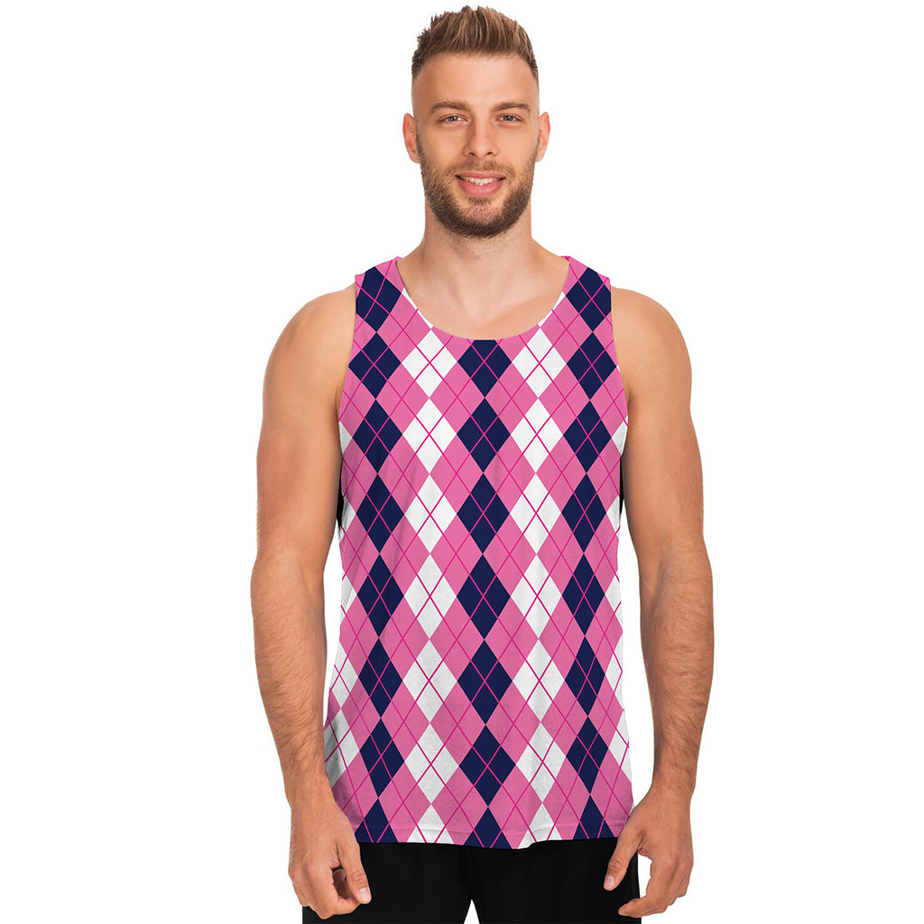 Pink White And Blue Argyle Pattern Print Men's Tank Top