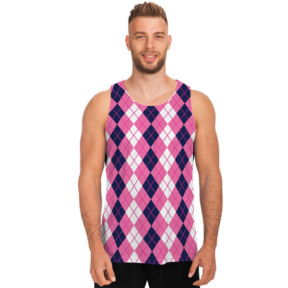 Pink White And Blue Argyle Pattern Print Men's Tank Top