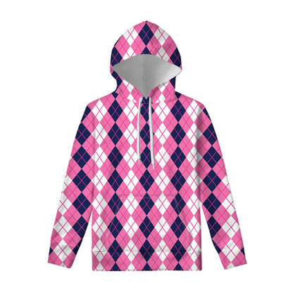 Pink White And Blue Argyle Pattern Print Pullover Hoodie