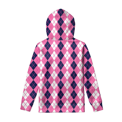 Pink White And Blue Argyle Pattern Print Pullover Hoodie