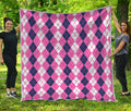 Pink White And Blue Argyle Pattern Print Quilt