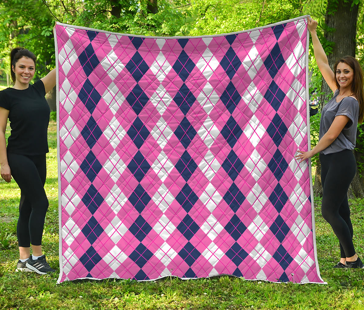 Pink White And Blue Argyle Pattern Print Quilt