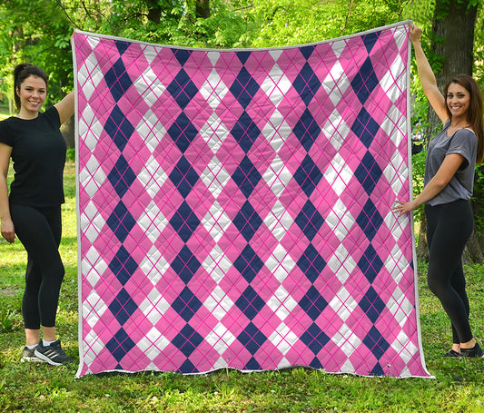 Pink White And Blue Argyle Pattern Print Quilt
