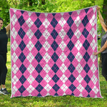 Pink White And Blue Argyle Pattern Print Quilt