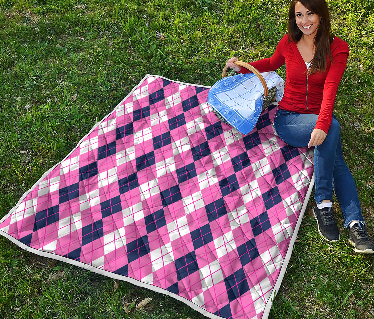 Pink White And Blue Argyle Pattern Print Quilt