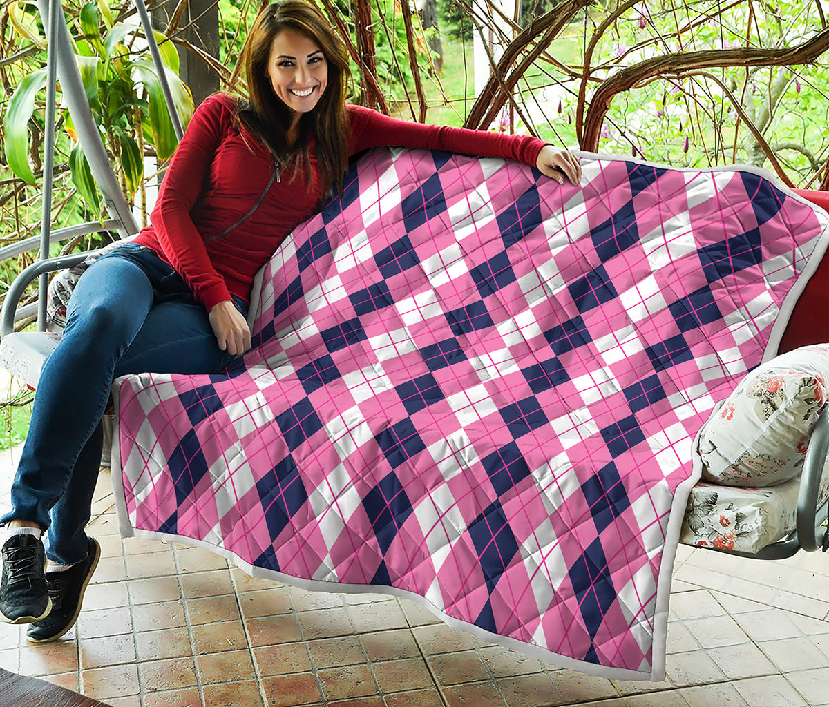 Pink White And Blue Argyle Pattern Print Quilt