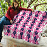 Pink White And Blue Argyle Pattern Print Quilt