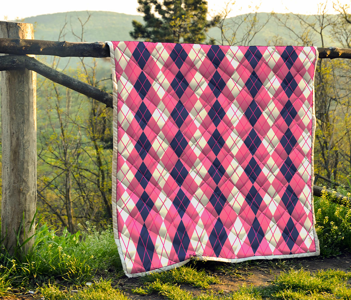 Pink White And Blue Argyle Pattern Print Quilt