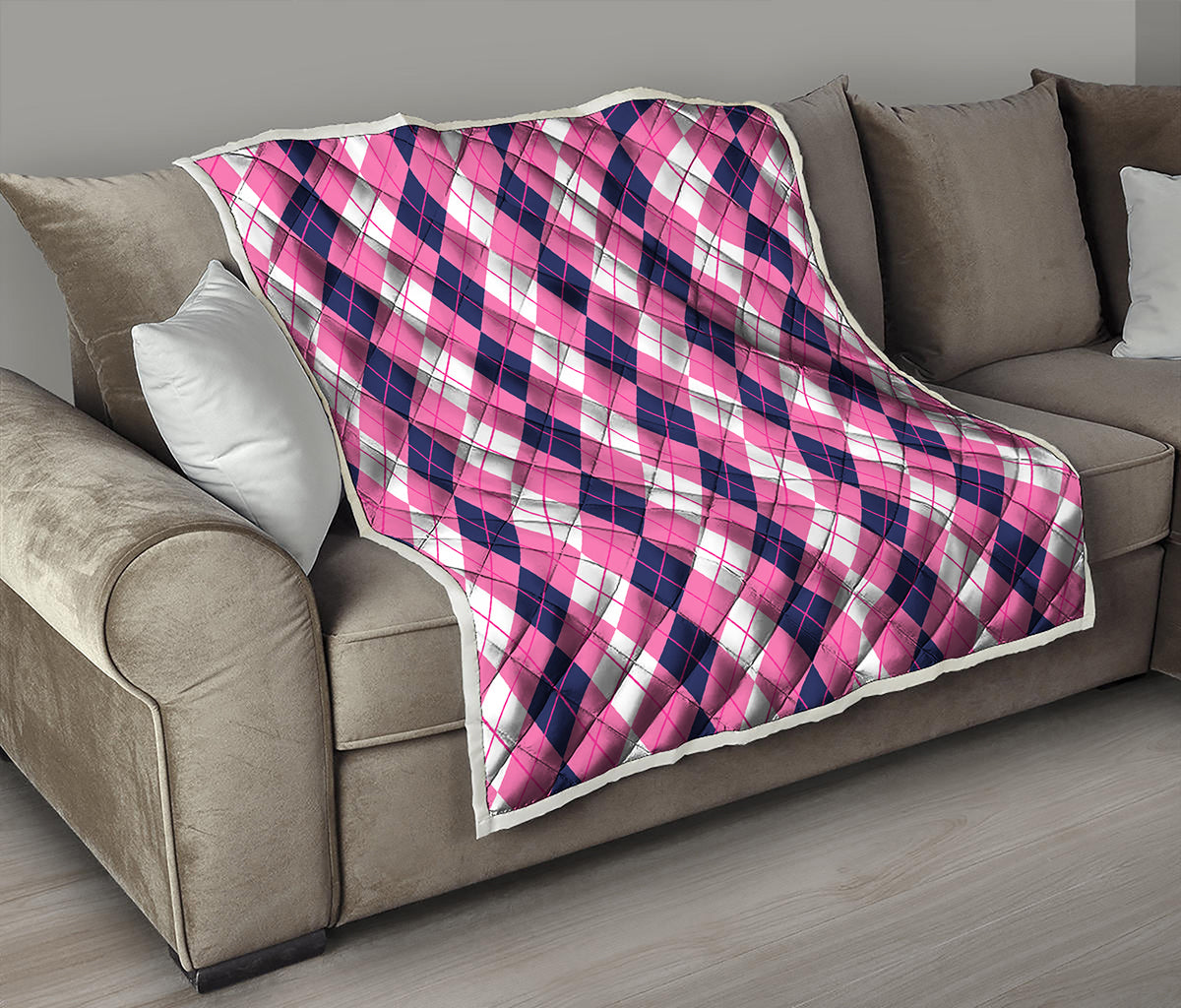 Pink White And Blue Argyle Pattern Print Quilt