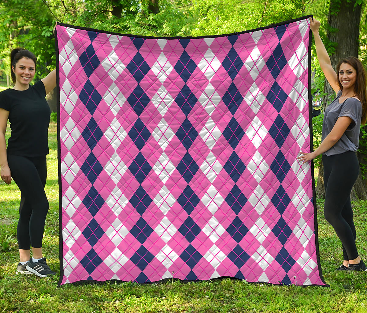 Pink White And Blue Argyle Pattern Print Quilt