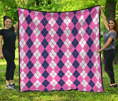 Pink White And Blue Argyle Pattern Print Quilt