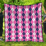 Pink White And Blue Argyle Pattern Print Quilt