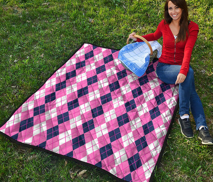 Pink White And Blue Argyle Pattern Print Quilt