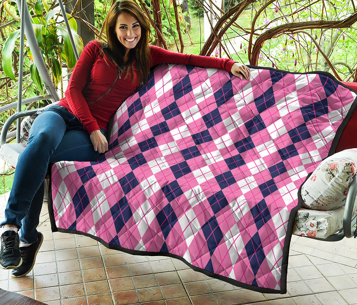 Pink White And Blue Argyle Pattern Print Quilt