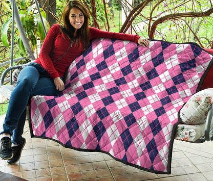 Pink White And Blue Argyle Pattern Print Quilt