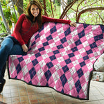 Pink White And Blue Argyle Pattern Print Quilt