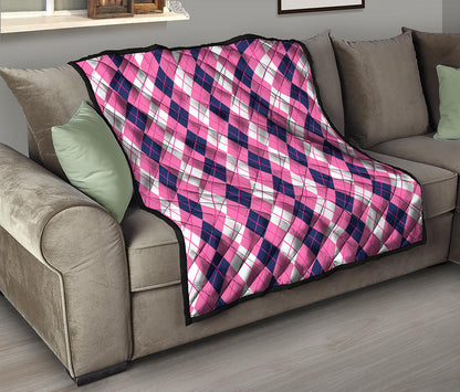 Pink White And Blue Argyle Pattern Print Quilt