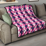 Pink White And Blue Argyle Pattern Print Quilt