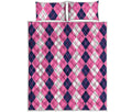 Pink White And Blue Argyle Pattern Print Quilt Bed Set
