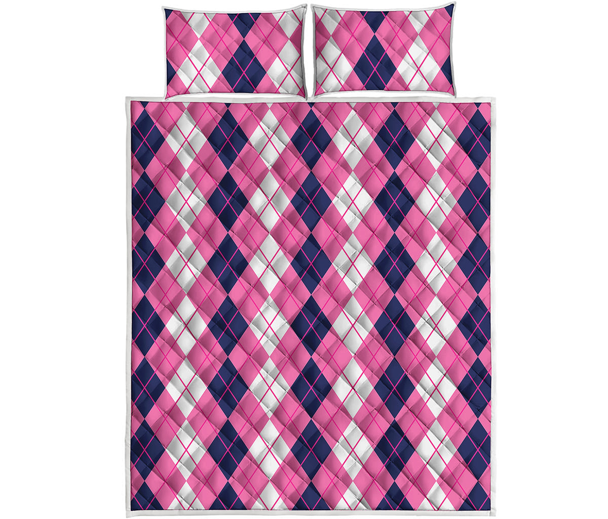 Pink White And Blue Argyle Pattern Print Quilt Bed Set