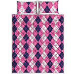 Pink White And Blue Argyle Pattern Print Quilt Bed Set