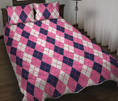 Pink White And Blue Argyle Pattern Print Quilt Bed Set