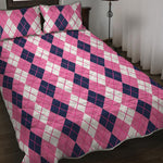Pink White And Blue Argyle Pattern Print Quilt Bed Set