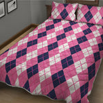 Pink White And Blue Argyle Pattern Print Quilt Bed Set