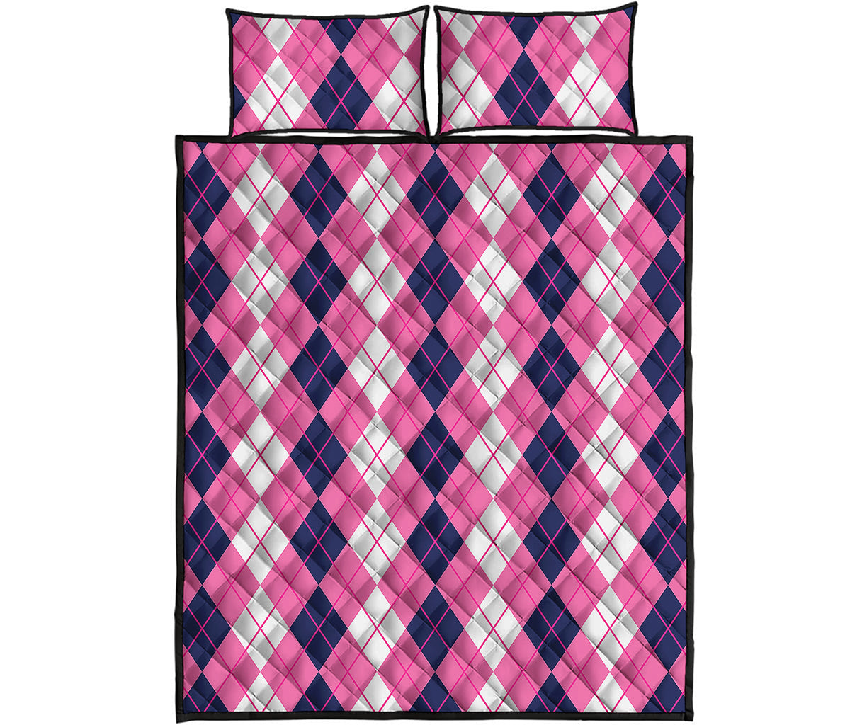 Pink White And Blue Argyle Pattern Print Quilt Bed Set