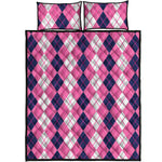 Pink White And Blue Argyle Pattern Print Quilt Bed Set