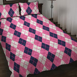 Pink White And Blue Argyle Pattern Print Quilt Bed Set