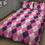 Pink White And Blue Argyle Pattern Print Quilt Bed Set