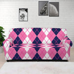 Pink White And Blue Argyle Pattern Print Sofa Cover