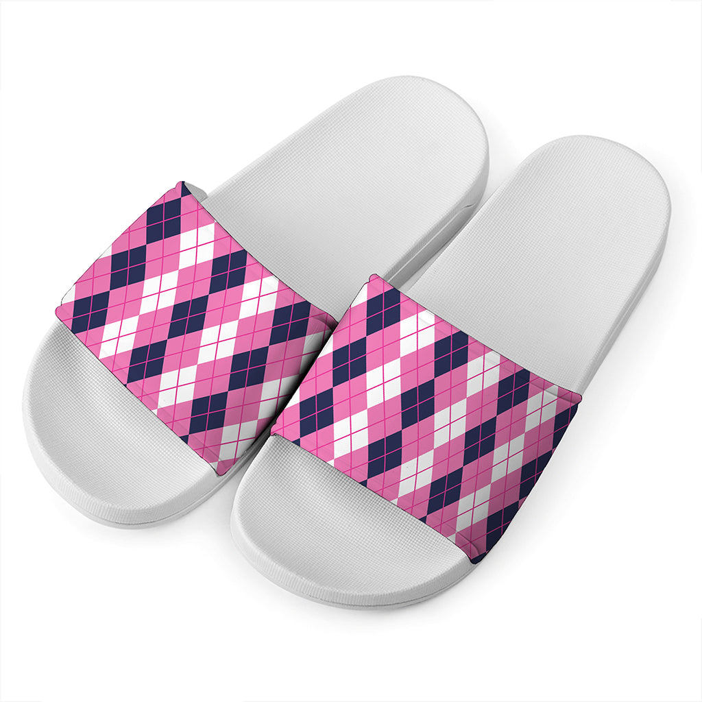 Pink White And Blue Argyle Pattern Print White Slide Sandals