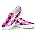 Pink White And Blue Argyle Pattern Print White Slip On Sneakers