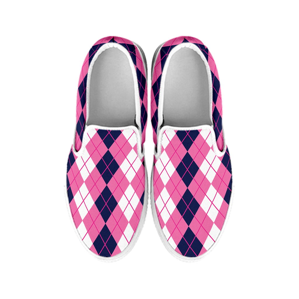 Pink White And Blue Argyle Pattern Print White Slip On Shoes