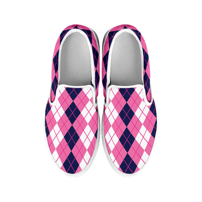Pink White And Blue Argyle Pattern Print White Slip On Shoes